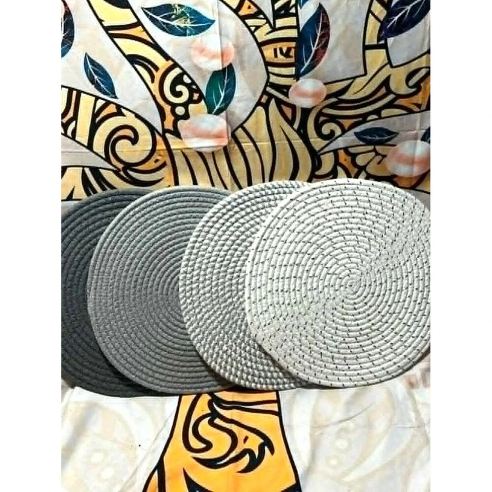 Woven Round Placemats – 12” Neutral Gray & White - Set of 4